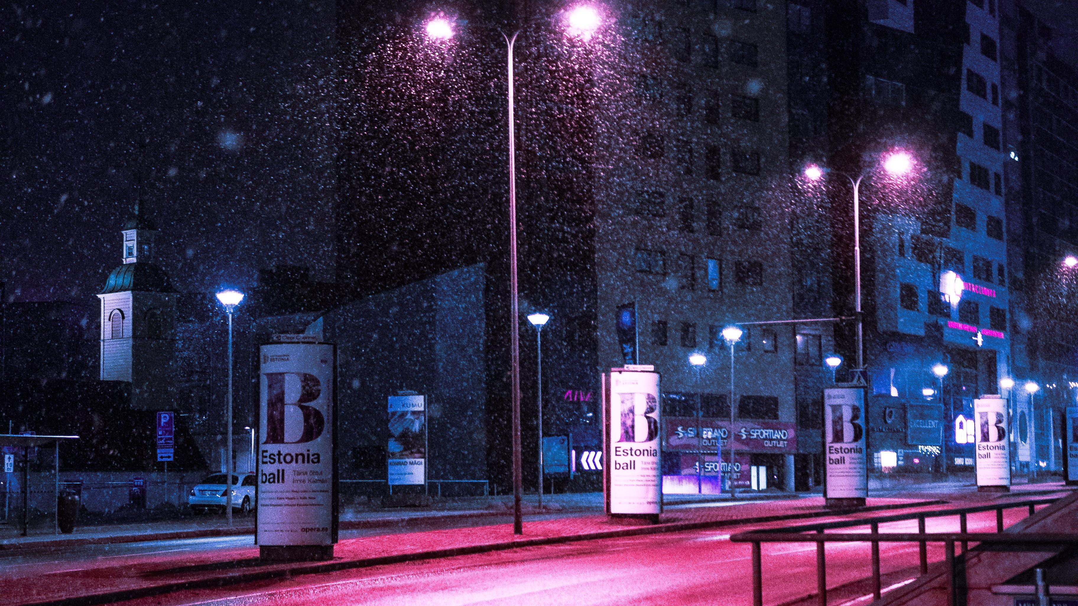 Reference input: a city street at night during a snow storm
